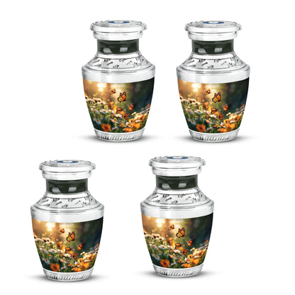 Royal Gold Daisy Cremation Urn back view with polished surface - stylized abstract daisy pattern with bold lines - 10 inch aluminum urn for cremated remains