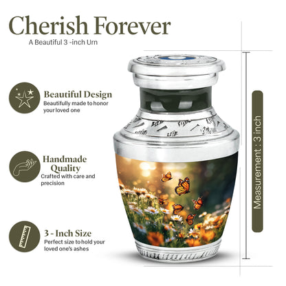 Antique Gold Daisy Cremation Urn top-down view of secure threaded lid - modern art-inspired daisy motif on sleek aluminum - mini keepsake memorial for portion of cremation ashes
