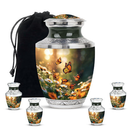 Antique Gold Daisy Cremation Urn lifestyle display on memorial shelf - contemporary daisy design with modern artistic flair - memorial set with one large and four small urns
