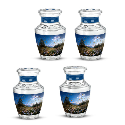 Royal Blue Daisy Cremation Urn back view with polished surface - stylized abstract daisy pattern with bold lines - 10 inch aluminum urn for cremated remains