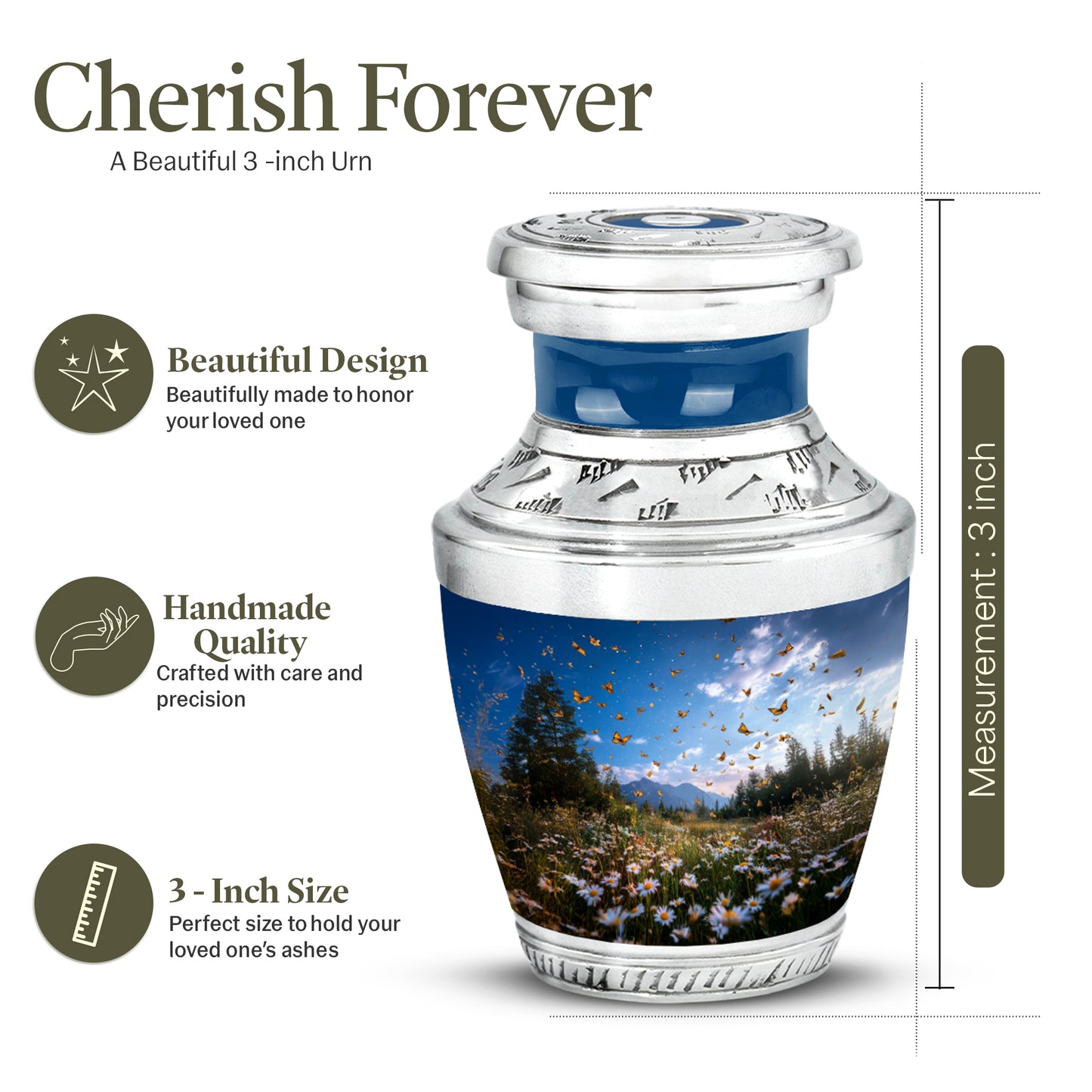 Pastel Blue Daisy Cremation Urn top-down view of secure threaded lid - modern art-inspired daisy motif on sleek aluminum - mini keepsake memorial for portion of cremation ashes