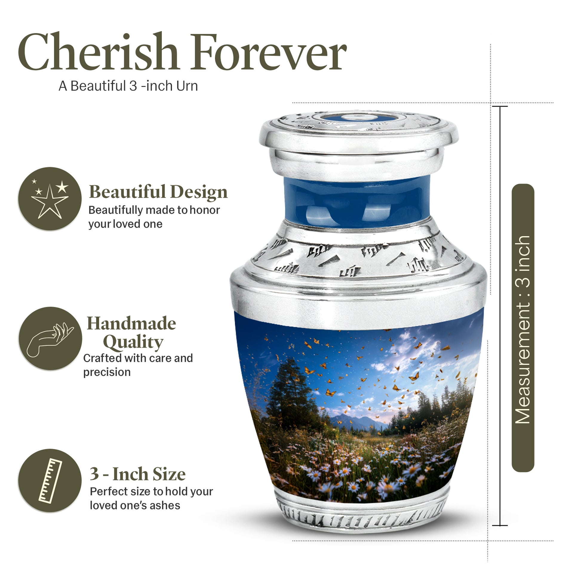 Pastel Blue Daisy Cremation Urn top-down view of secure threaded lid - modern art-inspired daisy motif on sleek aluminum - mini keepsake memorial for portion of cremation ashes