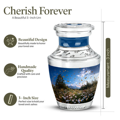 Pastel Blue Daisy Cremation Urn top-down view of secure threaded lid - modern art-inspired daisy motif on sleek aluminum - mini keepsake memorial for portion of cremation ashes