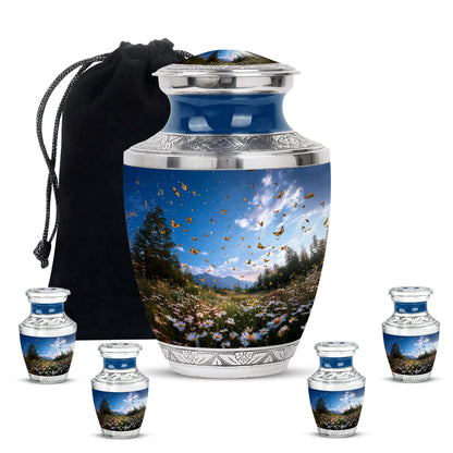 Powder Blue Daisy Cremation Urn lifestyle display on memorial shelf - contemporary daisy design with modern artistic flair - memorial set with one large and four small urns