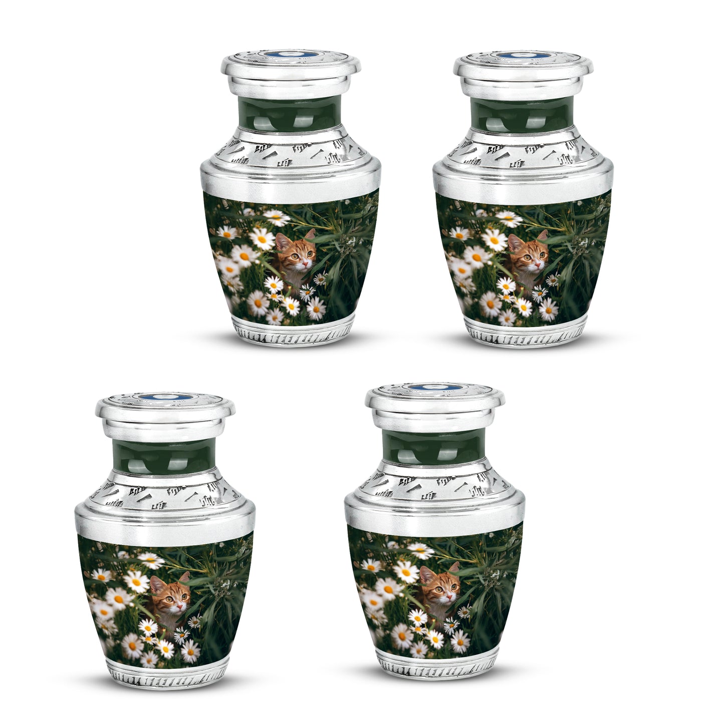 Verdant Green Daisy Cremation Urn back view with polished surface - contemporary daisy design with modern artistic flair - 10 inch aluminum urn for cremated remains