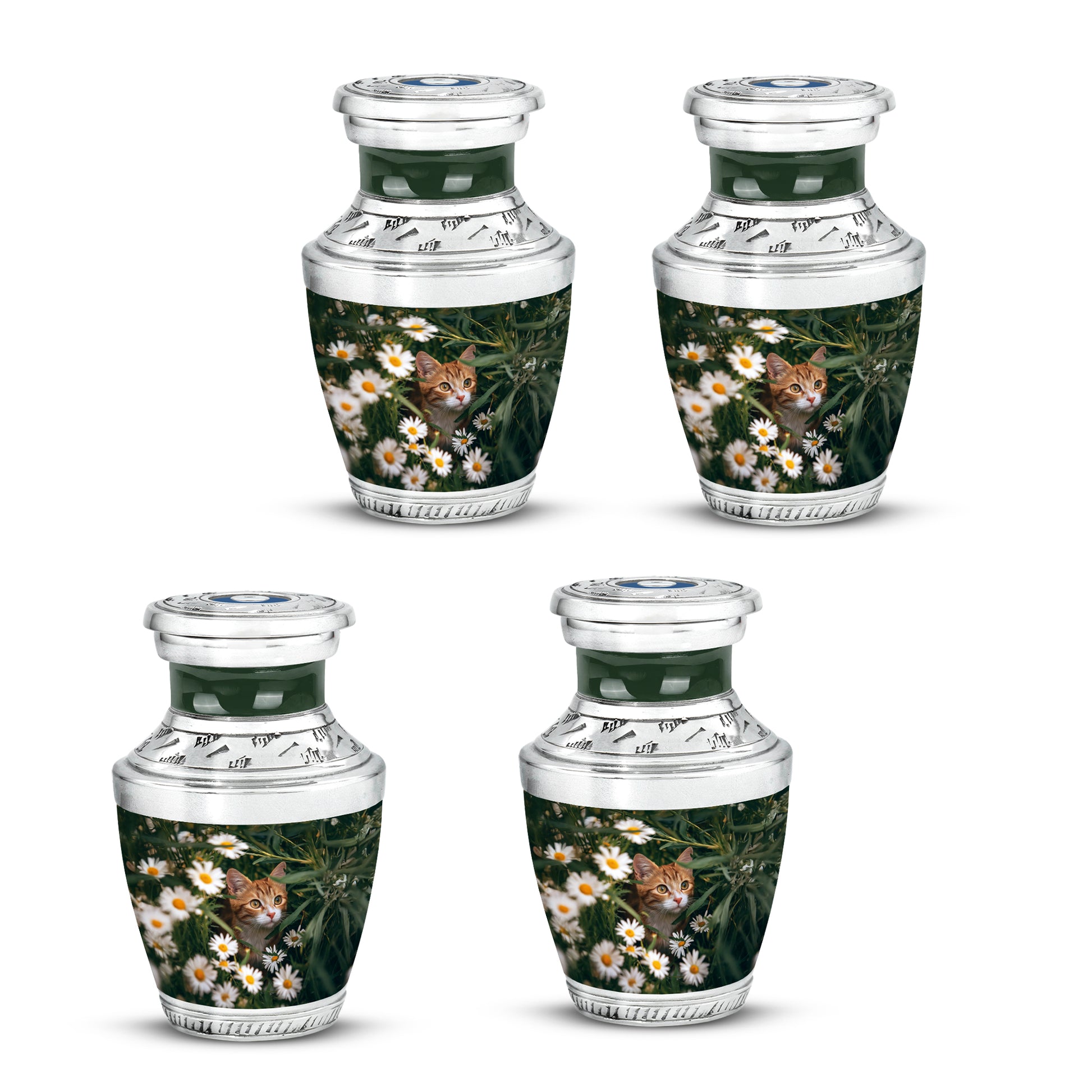 Verdant Green Daisy Cremation Urn back view with polished surface - contemporary daisy design with modern artistic flair - 10 inch aluminum urn for cremated remains