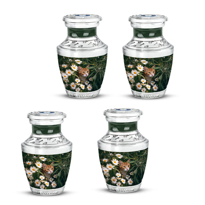 Verdant Green Daisy Cremation Urn back view with polished surface - contemporary daisy design with modern artistic flair - 10 inch aluminum urn for cremated remains