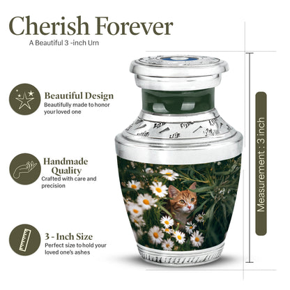Mint Green Daisy Cremation Urn top-down view of secure threaded lid - artistic daisy interpretation with creative detail - mini keepsake memorial for portion of cremation ashes