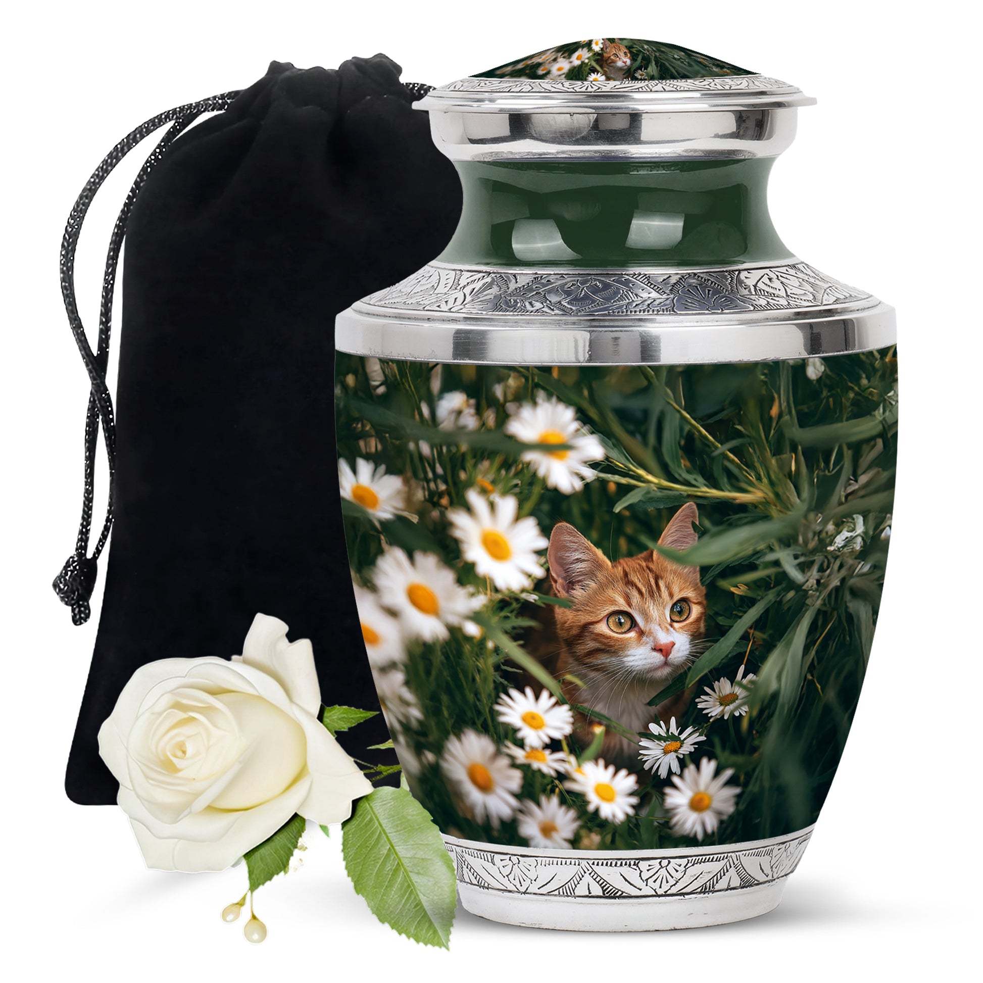 Forest Green Daisy Cremation Urn side profile showing urn shape - artistic daisy interpretation with creative detail - full-size 10 inch 200 cubic inch adult cremation urn
