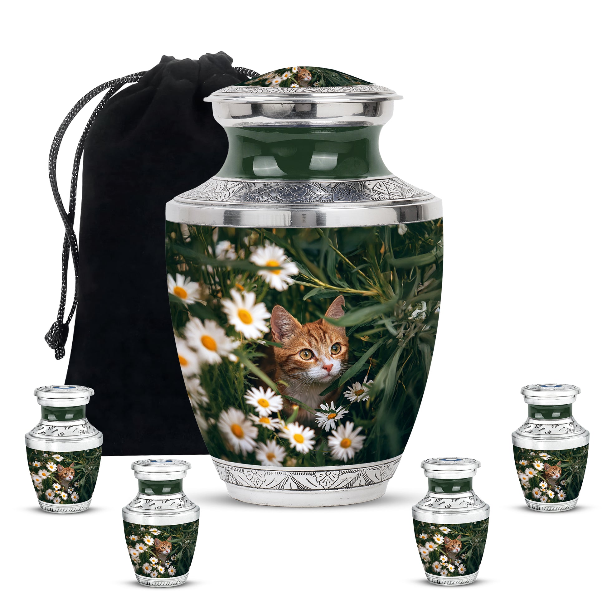 Mint Green Daisy Cremation Urn lifestyle display on memorial shelf - stylized abstract daisy pattern with bold lines - memorial set with one large and four small urns