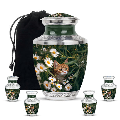 Mint Green Daisy Cremation Urn lifestyle display on memorial shelf - stylized abstract daisy pattern with bold lines - memorial set with one large and four small urns