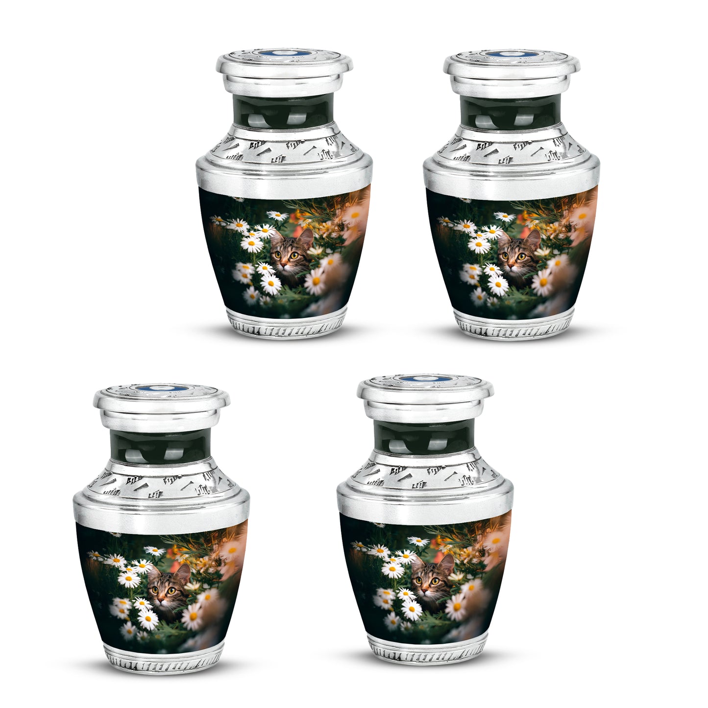 Emerald Green Daisy Cremation Urn back view with polished surface - contemporary daisy design with modern artistic flair - 10 inch aluminum urn for cremated remains