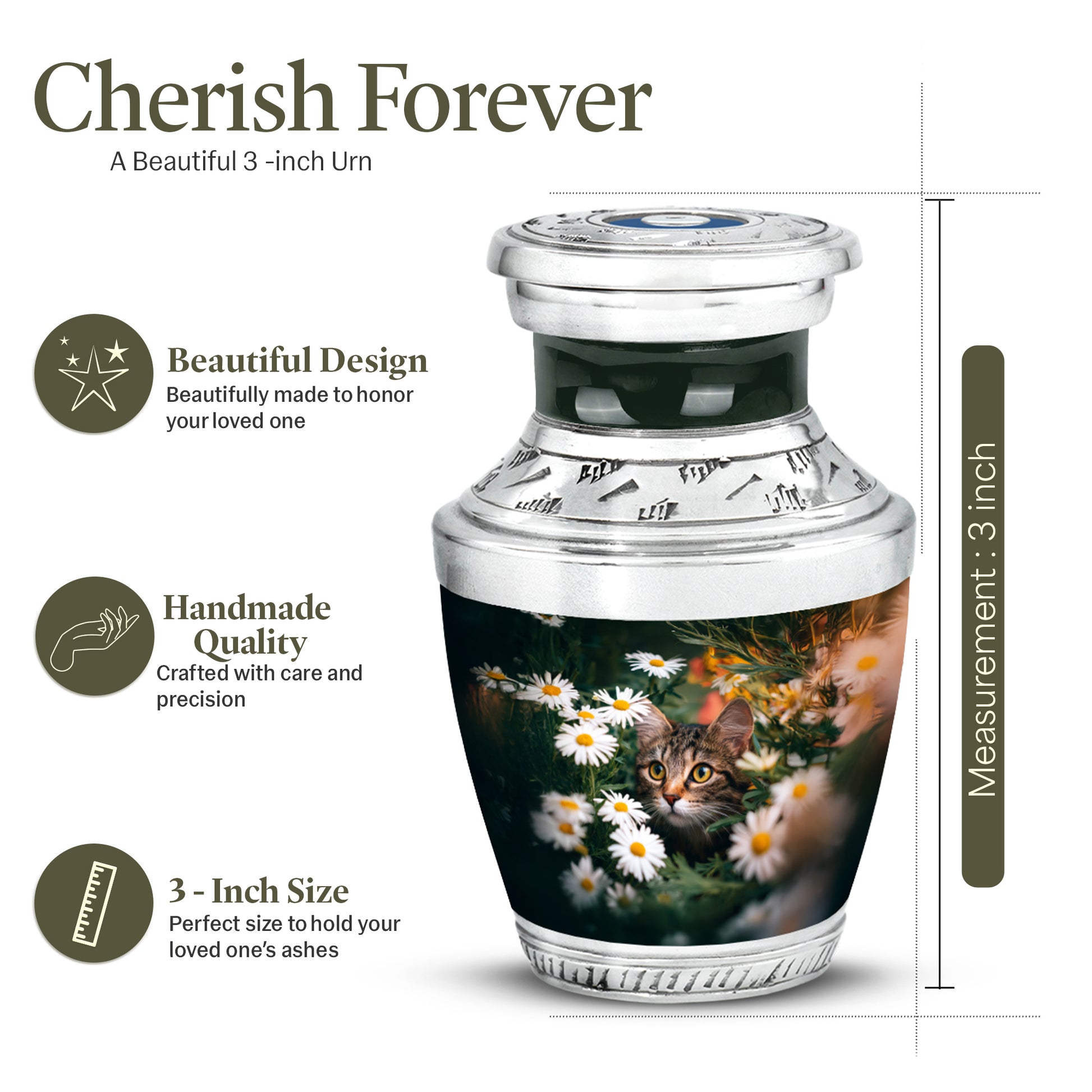 Jade Green Daisy Cremation Urn top-down view of secure threaded lid - contemporary daisy design with modern artistic flair - mini keepsake memorial for portion of cremation ashes