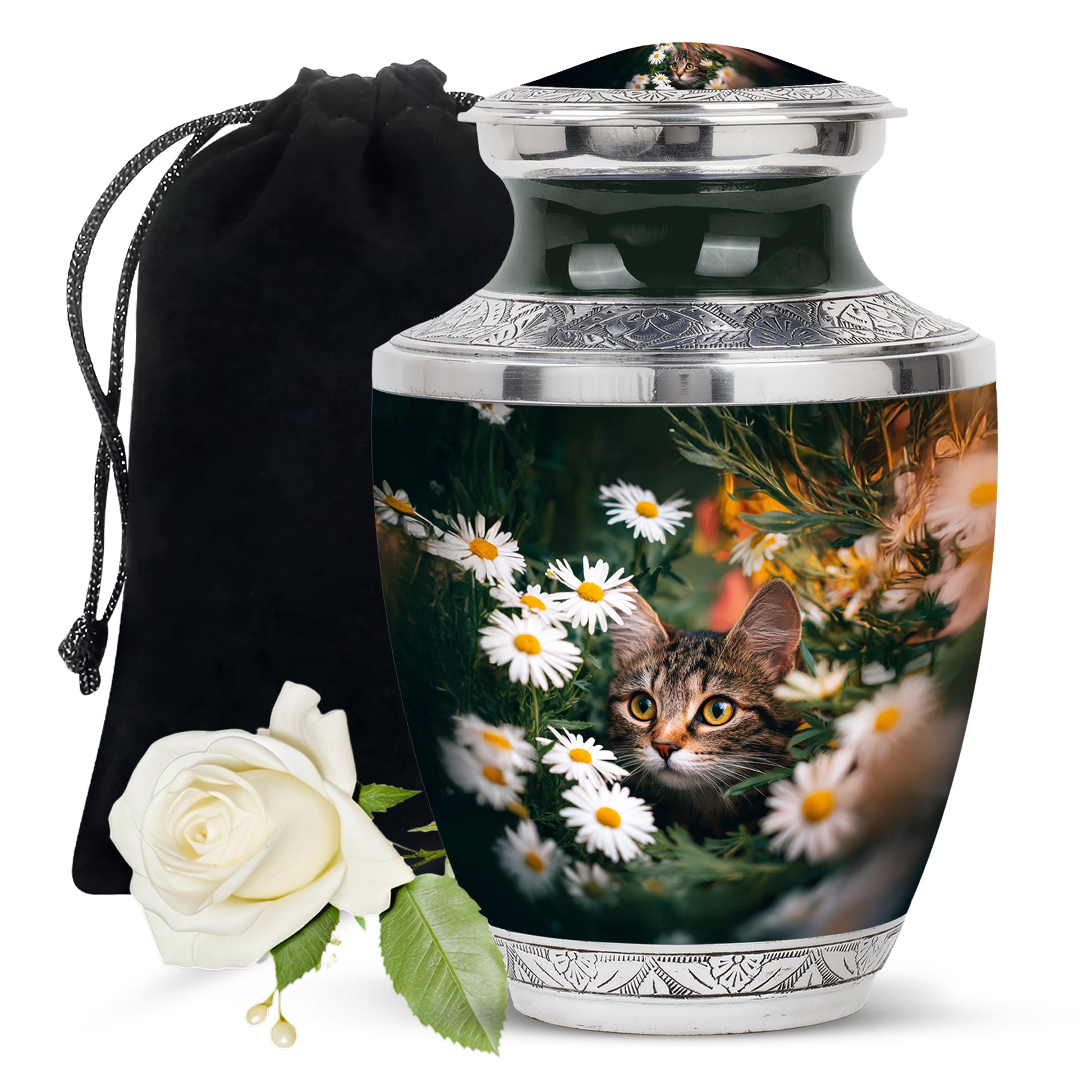 Pine Green Daisy Cremation Urn side profile showing urn shape - stylized abstract daisy pattern with bold lines - full-size 10 inch 200 cubic inch adult cremation urn