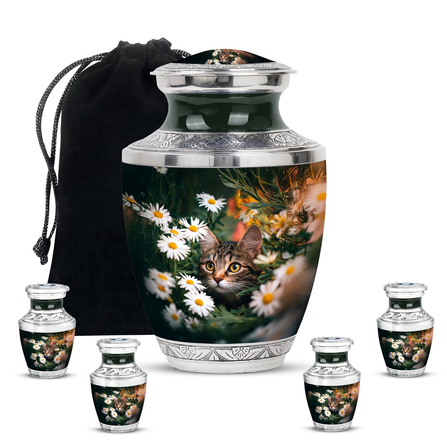 Moss Green Daisy Cremation Urn lifestyle display on memorial shelf - modern art-inspired daisy motif on sleek aluminum - memorial set with one large and four small urns