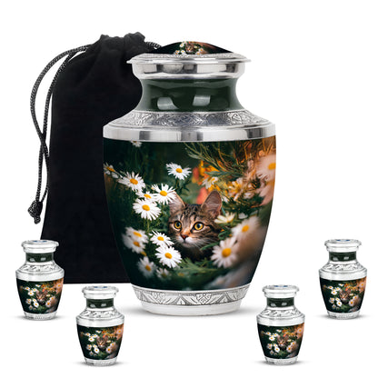 Moss Green Daisy Cremation Urn lifestyle display on memorial shelf - modern art-inspired daisy motif on sleek aluminum - memorial set with one large and four small urns