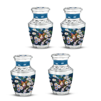 Powder Blue Daisy Cremation Urn back view with polished surface - contemporary daisy design with modern artistic flair - 10 inch aluminum urn for cremated remains