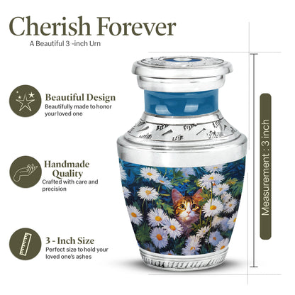 Calming Blue Daisy Cremation Urn top-down view of secure threaded lid - stylized abstract daisy pattern with bold lines - mini keepsake memorial for portion of cremation ashes