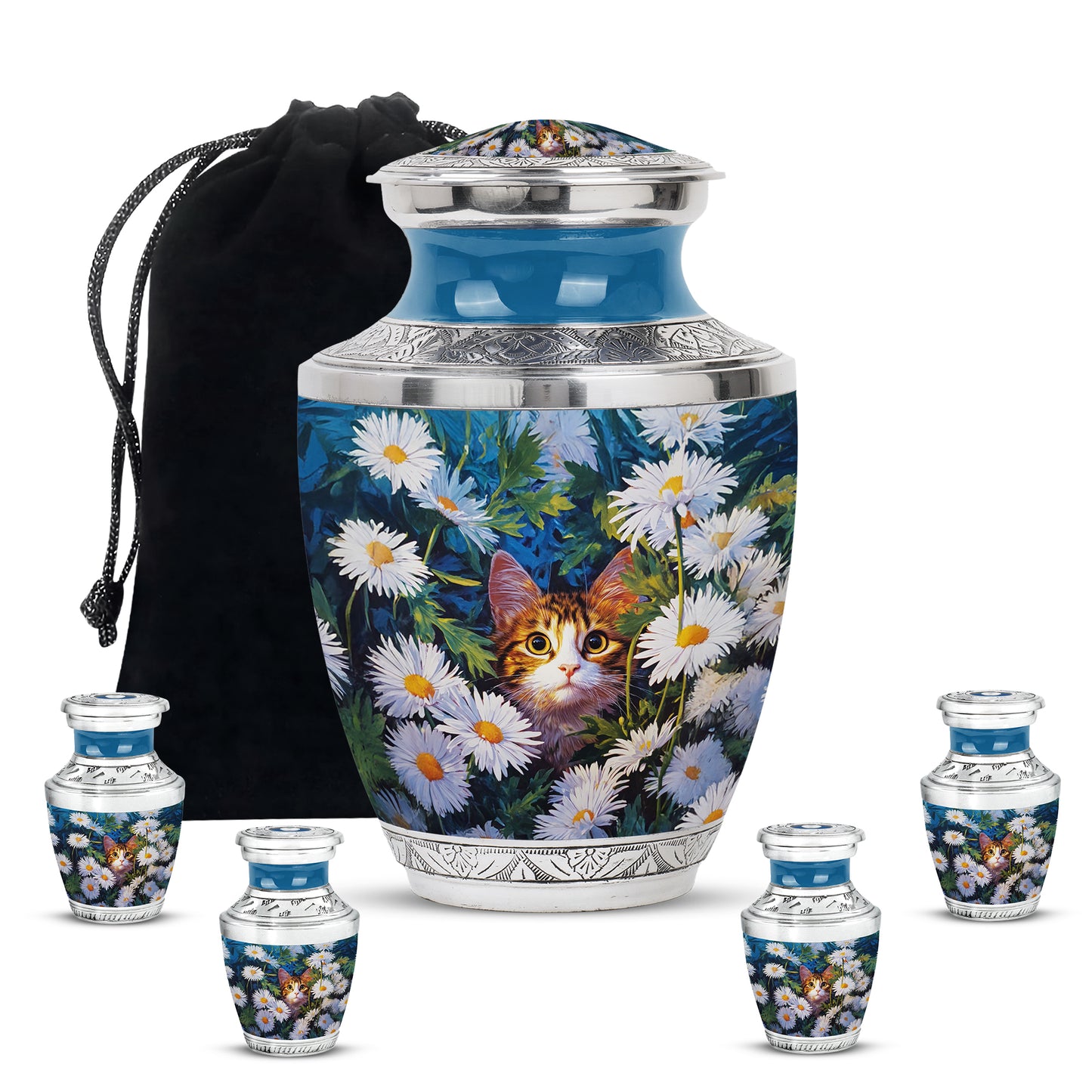 Calming Blue Daisy Cremation Urn lifestyle display on memorial shelf - stylized abstract daisy pattern with bold lines - memorial set with one large and four small urns