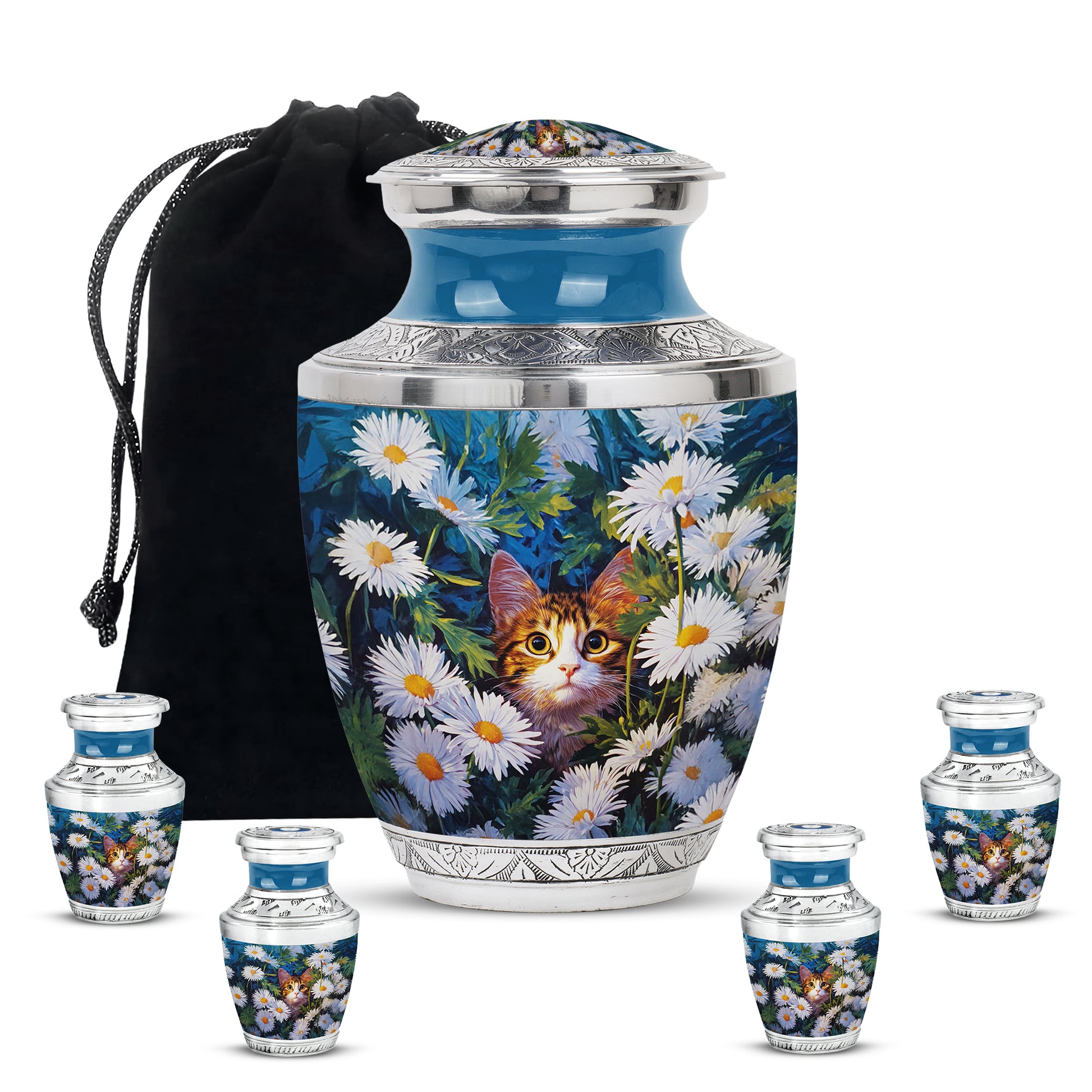 Calming Blue Daisy Cremation Urn lifestyle display on memorial shelf - stylized abstract daisy pattern with bold lines - memorial set with one large and four small urns