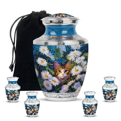 Calming Blue Daisy Cremation Urn lifestyle display on memorial shelf - stylized abstract daisy pattern with bold lines - memorial set with one large and four small urns