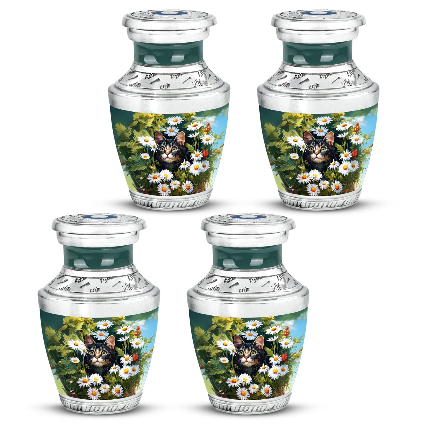 Honey Yellow Daisy Cremation Urn back view with polished surface - artistic daisy interpretation with creative detail - 10 inch aluminum urn for cremated remains