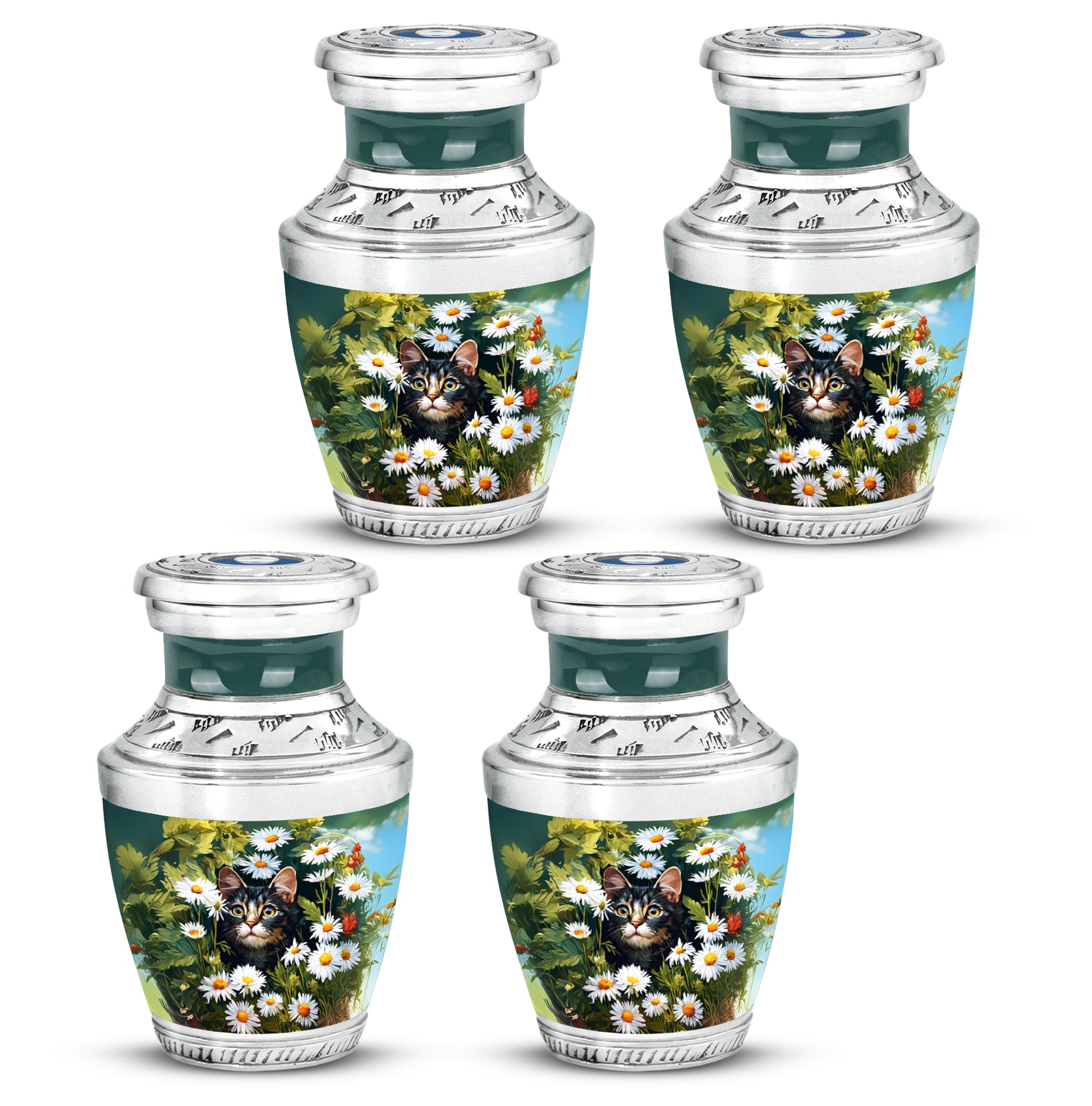 Honey Yellow Daisy Cremation Urn back view with polished surface - artistic daisy interpretation with creative detail - 10 inch aluminum urn for cremated remains