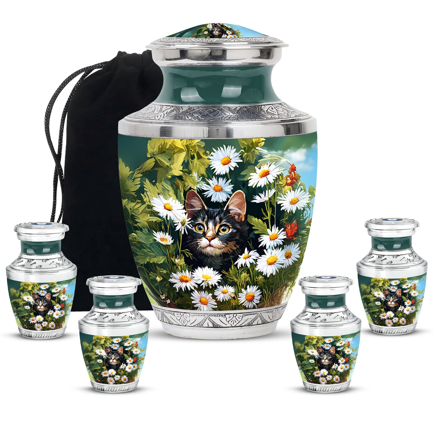 Lemon Yellow Daisy Cremation Urn lifestyle display on memorial shelf - stylized abstract daisy pattern with bold lines - memorial set with one large and four small urns