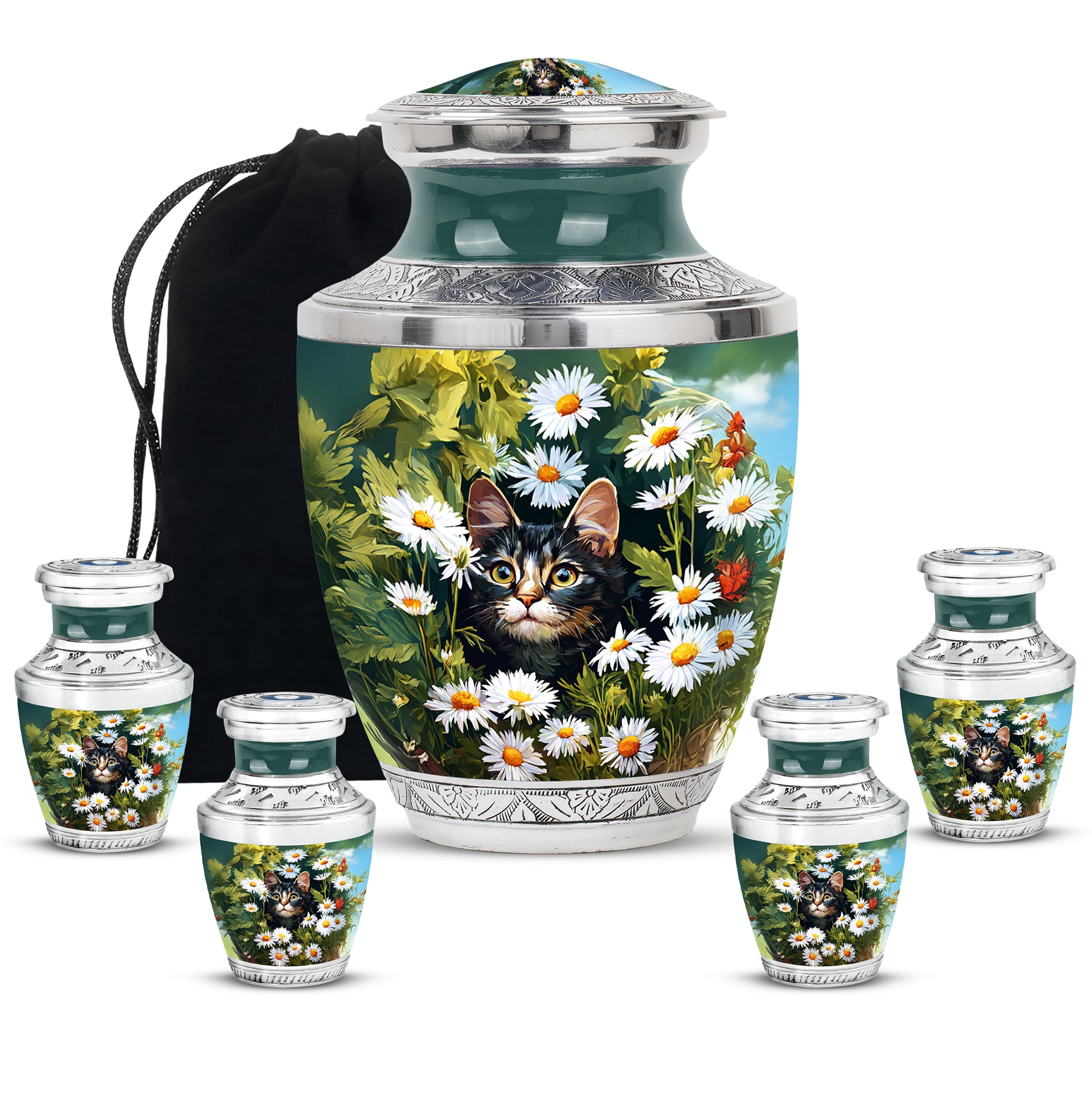 Lemon Yellow Daisy Cremation Urn lifestyle display on memorial shelf - stylized abstract daisy pattern with bold lines - memorial set with one large and four small urns