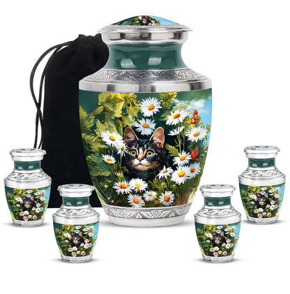 Lemon Yellow Daisy Cremation Urn lifestyle display on memorial shelf - stylized abstract daisy pattern with bold lines - memorial set with one large and four small urns