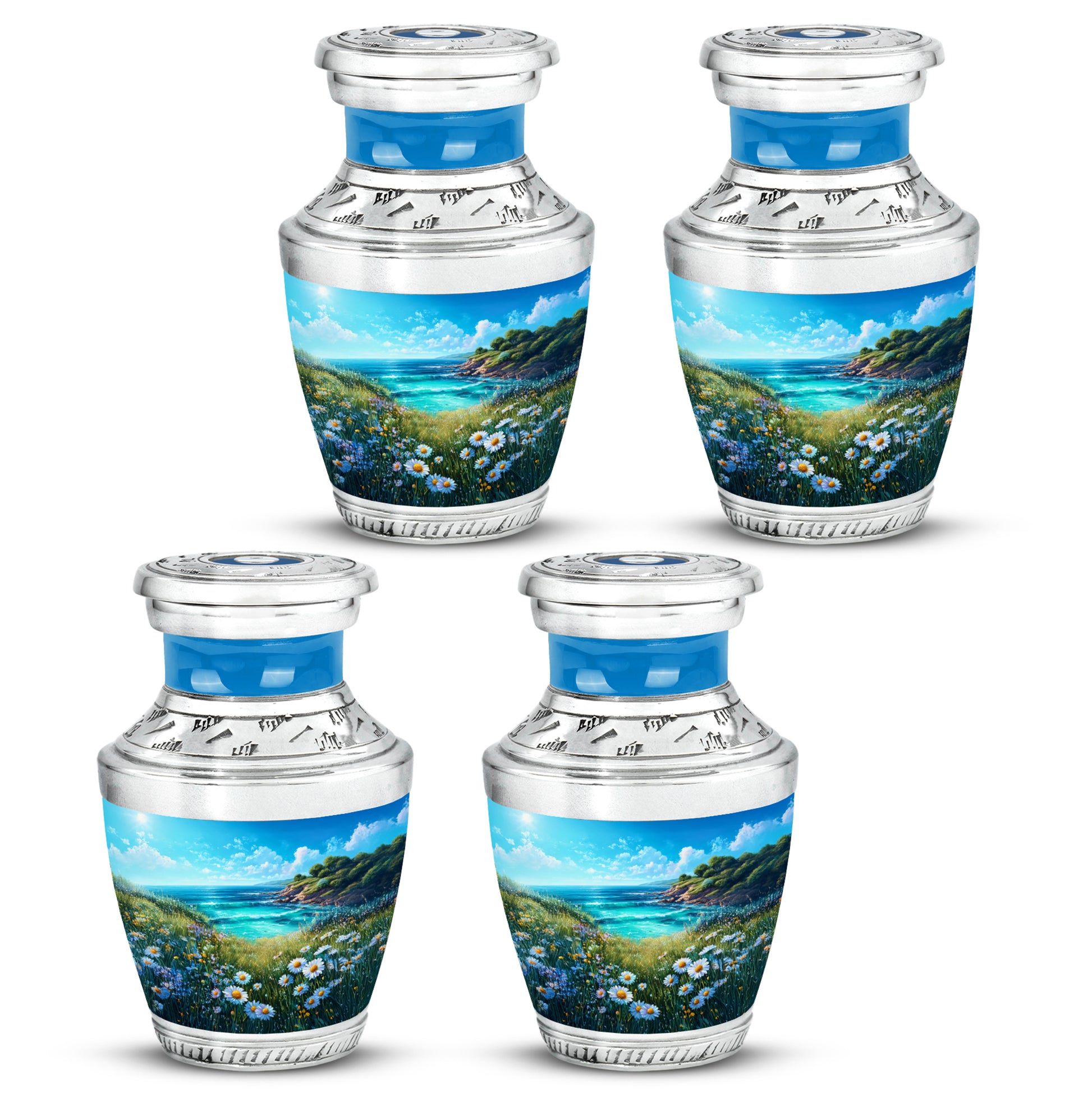 Pastel Blue Daisy Cremation Urn back view with polished surface - modern art-inspired daisy motif on sleek aluminum - 10 inch aluminum urn for cremated remains