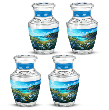 Pastel Blue Daisy Cremation Urn back view with polished surface - modern art-inspired daisy motif on sleek aluminum - 10 inch aluminum urn for cremated remains