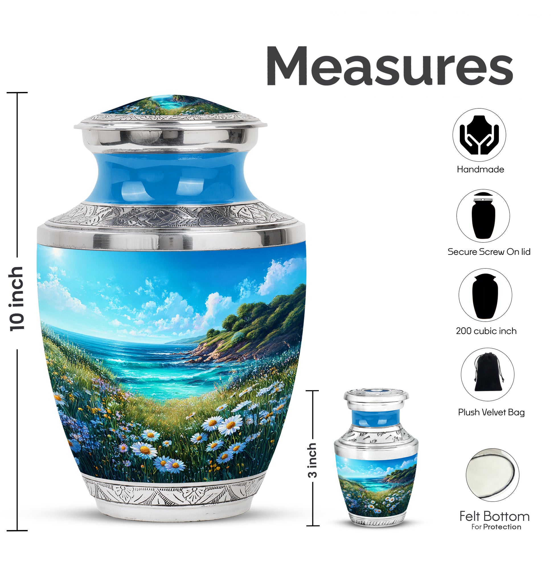 Soft Blue Daisy Cremation Urn top-down view of secure threaded lid - artistic daisy interpretation with creative detail - mini keepsake memorial for portion of cremation ashes