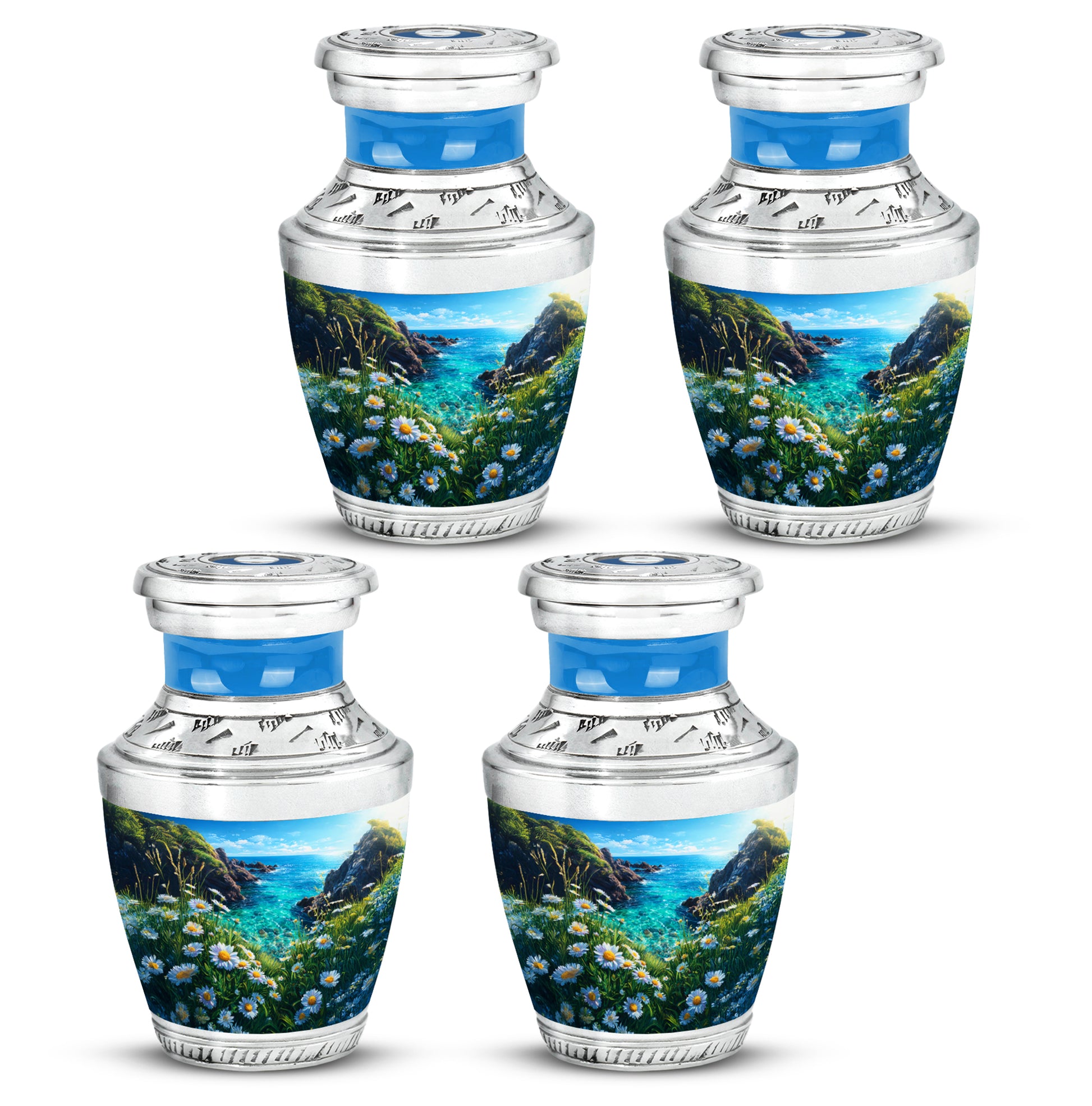Royal Blue Daisy Cremation Urn back view with polished surface - artistic daisy interpretation with creative detail - 10 inch aluminum urn for cremated remains