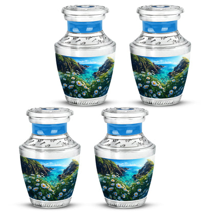 Royal Blue Daisy Cremation Urn back view with polished surface - artistic daisy interpretation with creative detail - 10 inch aluminum urn for cremated remains