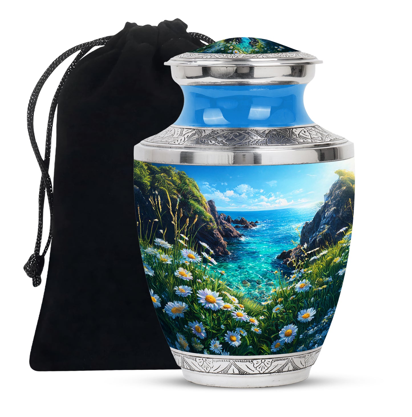 Soft Blue Daisy Cremation Urn side profile showing urn shape - stylized abstract daisy pattern with bold lines - full-size 10 inch 200 cubic inch adult cremation urn