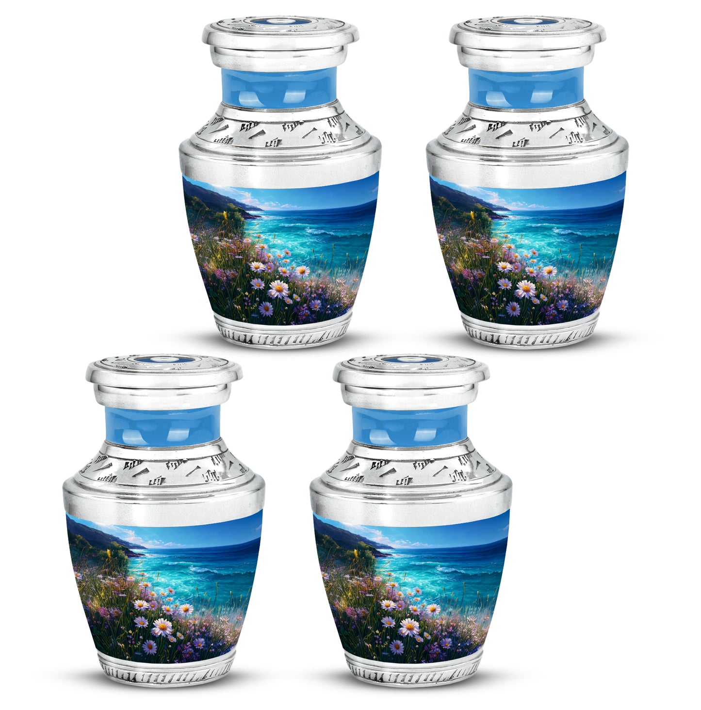 Misty Blue Daisy Cremation Urn back view with polished surface - contemporary daisy design with modern artistic flair - 10 inch aluminum urn for cremated remains