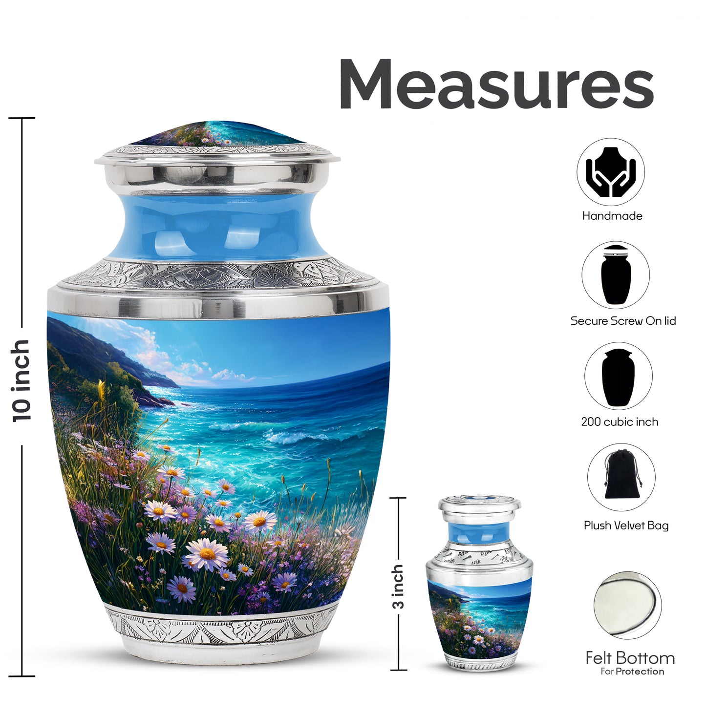 Indigo Daisy Cremation Urn top-down view of secure threaded lid - modern art-inspired daisy motif on sleek aluminum - mini keepsake memorial for portion of cremation ashes
