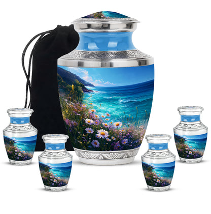 Calming Blue Daisy Cremation Urn lifestyle display on memorial shelf - stylized abstract daisy pattern with bold lines - memorial set with one large and four small urns