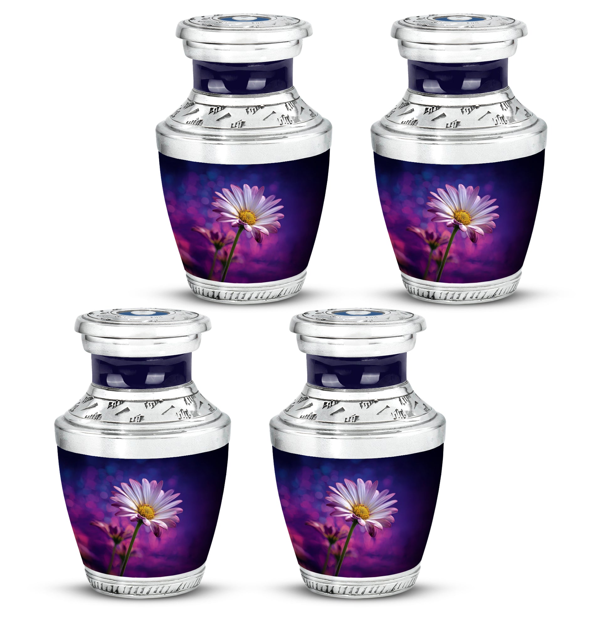 Twilight Blue Daisy Cremation Urn back view with polished surface - stylized abstract daisy pattern with bold lines - 10 inch aluminum urn for cremated remains