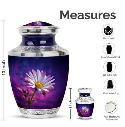 Dusty Blue Daisy Cremation Urn top-down view of secure threaded lid - contemporary daisy design with modern artistic flair - mini keepsake memorial for portion of cremation ashes