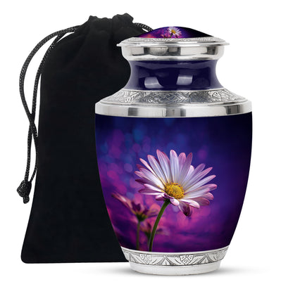 Cobalt Blue Daisy Cremation Urn side profile showing urn shape - stylized abstract daisy pattern with bold lines - full-size 10 inch 200 cubic inch adult cremation urn