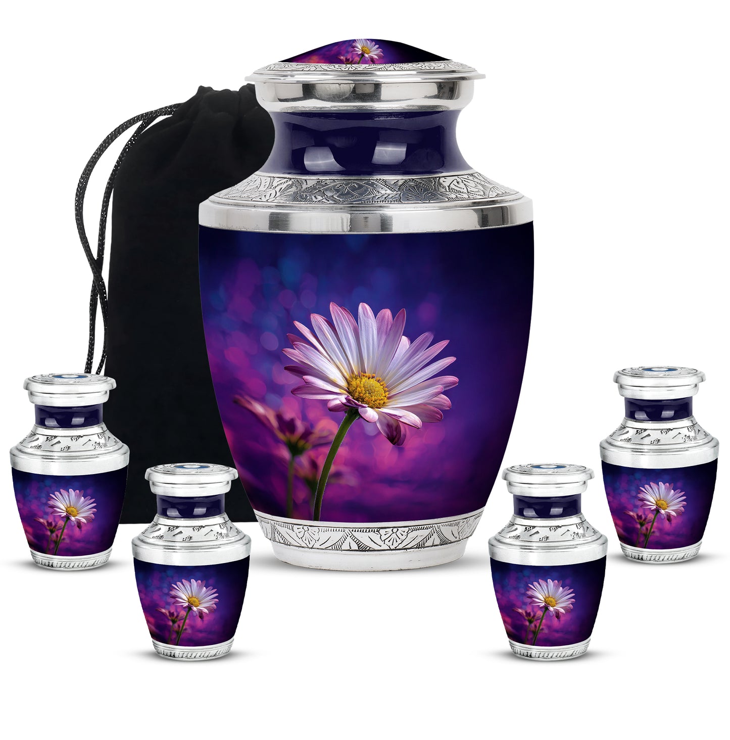 Slate Blue Daisy Cremation Urn lifestyle display on memorial shelf - modern art-inspired daisy motif on sleek aluminum - memorial set with one large and four small urns