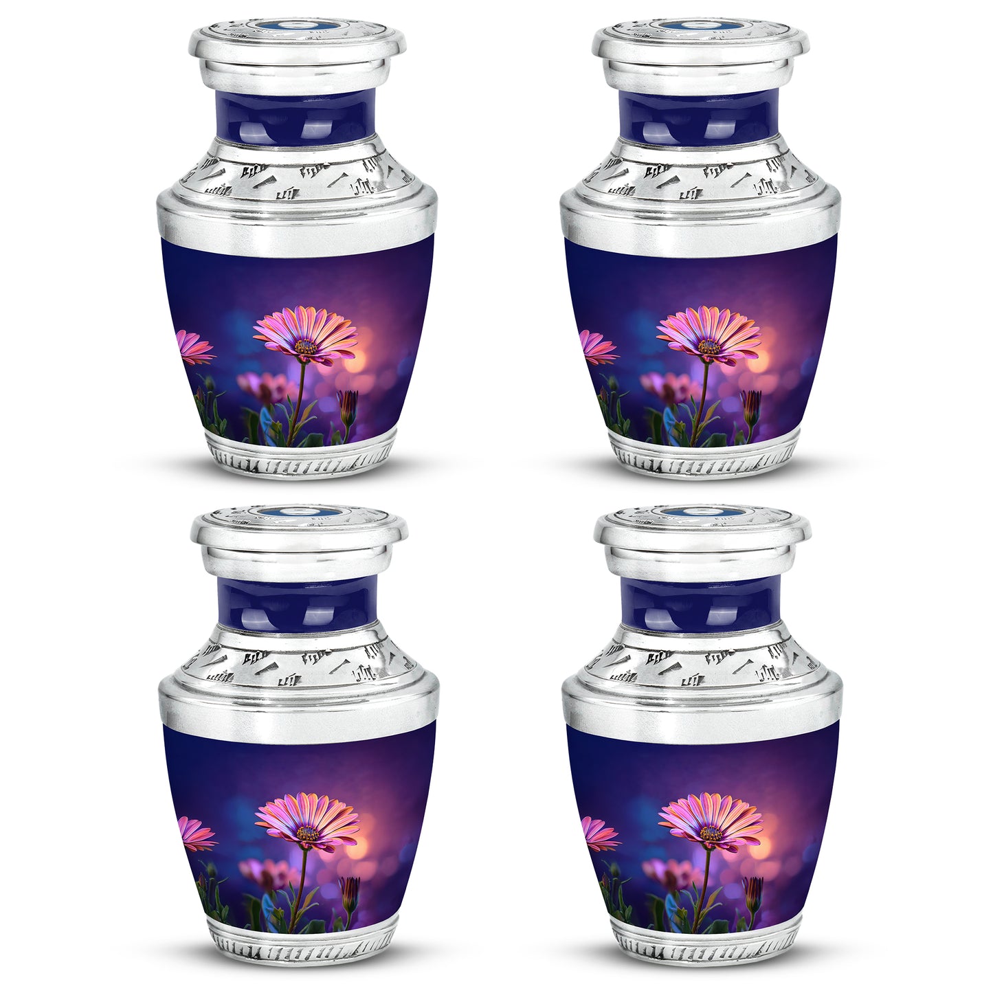 Twilight Blue Daisy Cremation Urn back view with polished surface - stylized abstract daisy pattern with bold lines - 10 inch aluminum urn for cremated remains