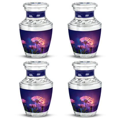 Twilight Blue Daisy Cremation Urn back view with polished surface - stylized abstract daisy pattern with bold lines - 10 inch aluminum urn for cremated remains