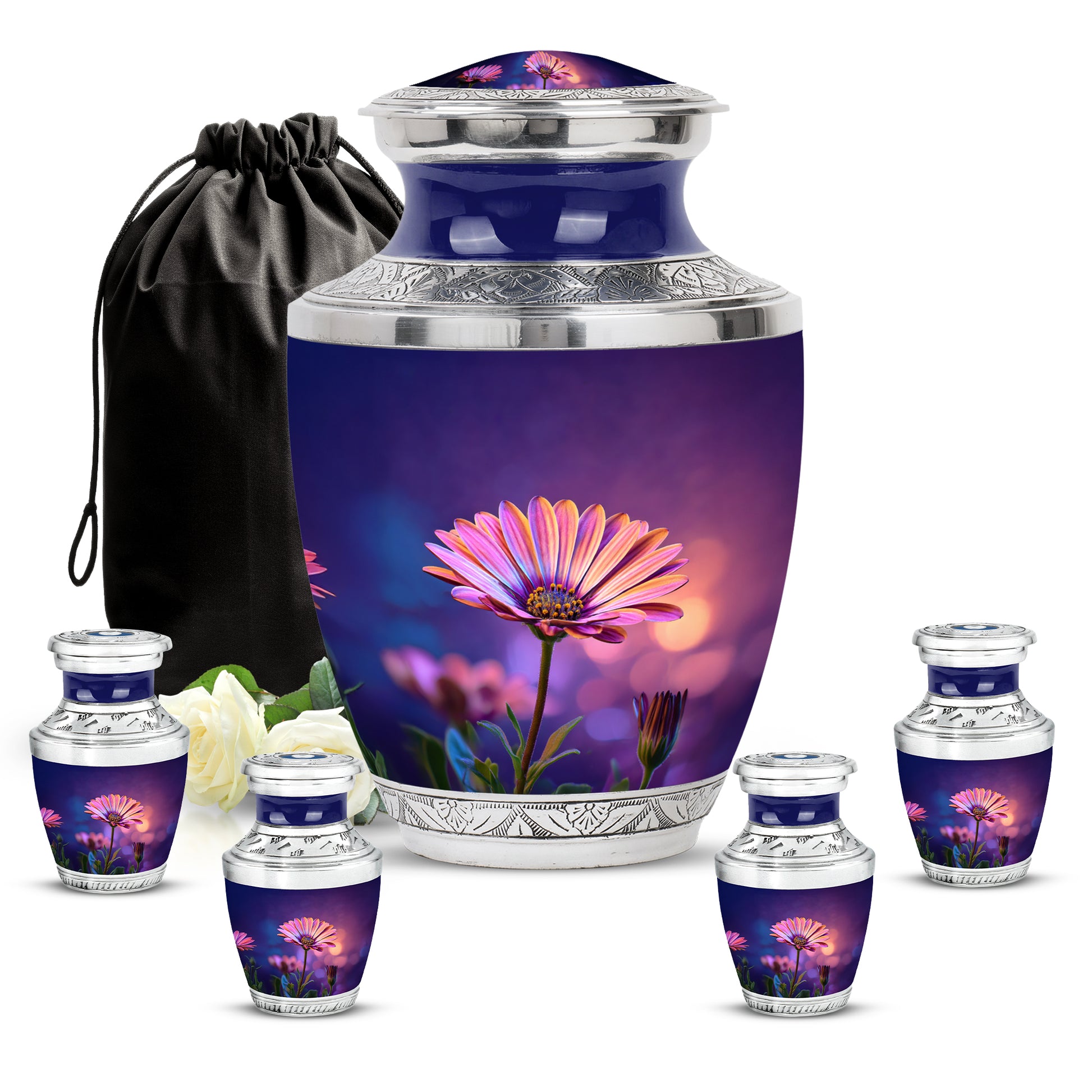 Vivid Blue Daisy Cremation Urn lifestyle display on memorial shelf - artistic daisy interpretation with creative detail - memorial set with one large and four small urns
