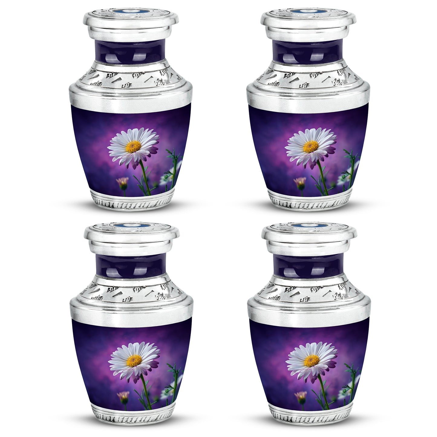 Plum Purple Daisy Cremation Urn back view with polished surface - contemporary daisy design with modern artistic flair - 10 inch aluminum urn for cremated remains