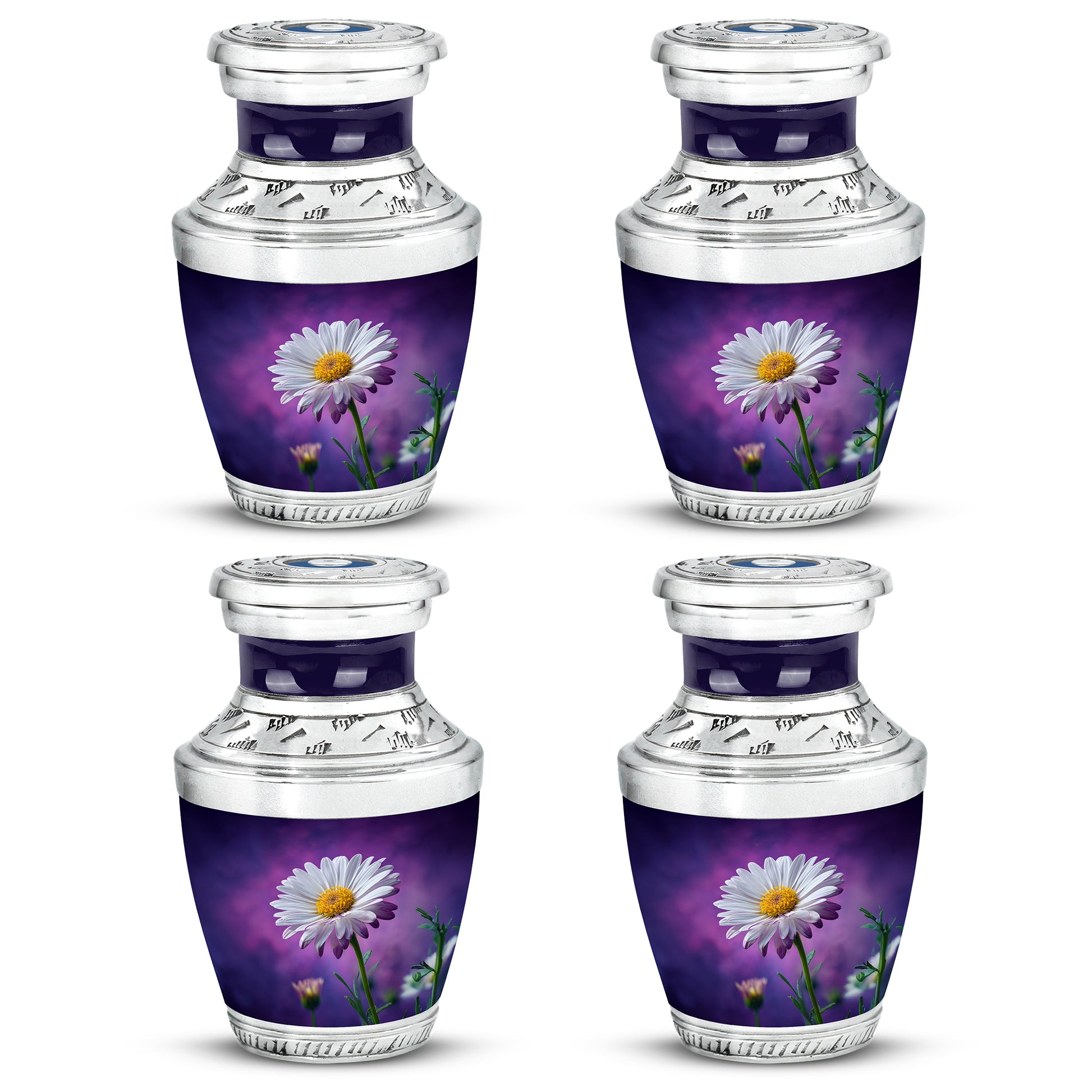 Plum Purple Daisy Cremation Urn back view with polished surface - contemporary daisy design with modern artistic flair - 10 inch aluminum urn for cremated remains