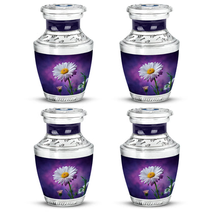 Plum Purple Daisy Cremation Urn back view with polished surface - contemporary daisy design with modern artistic flair - 10 inch aluminum urn for cremated remains