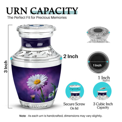 Lavender Purple Daisy Cremation Urn top-down view of secure threaded lid - stylized abstract daisy pattern with bold lines - mini keepsake memorial for portion of cremation ashes